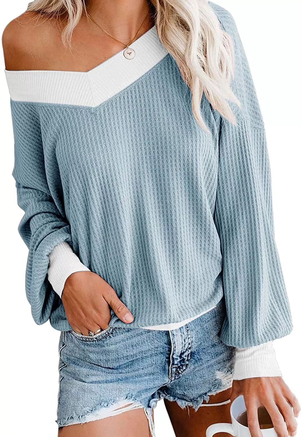 Adreamly Women's V Neck Long Sleeve Waffle Knit Top Off Shoulder Oversized Pullover Sweater