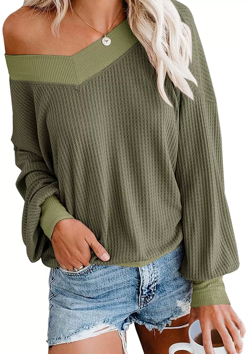 Adreamly Women's V Neck Long Sleeve Waffle Knit Top Off Shoulder Oversized Pullover Sweater