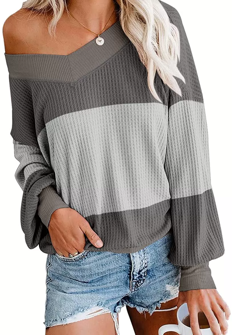 Adreamly Women's V Neck Long Sleeve Waffle Knit Top Off Shoulder Oversized Pullover Sweater