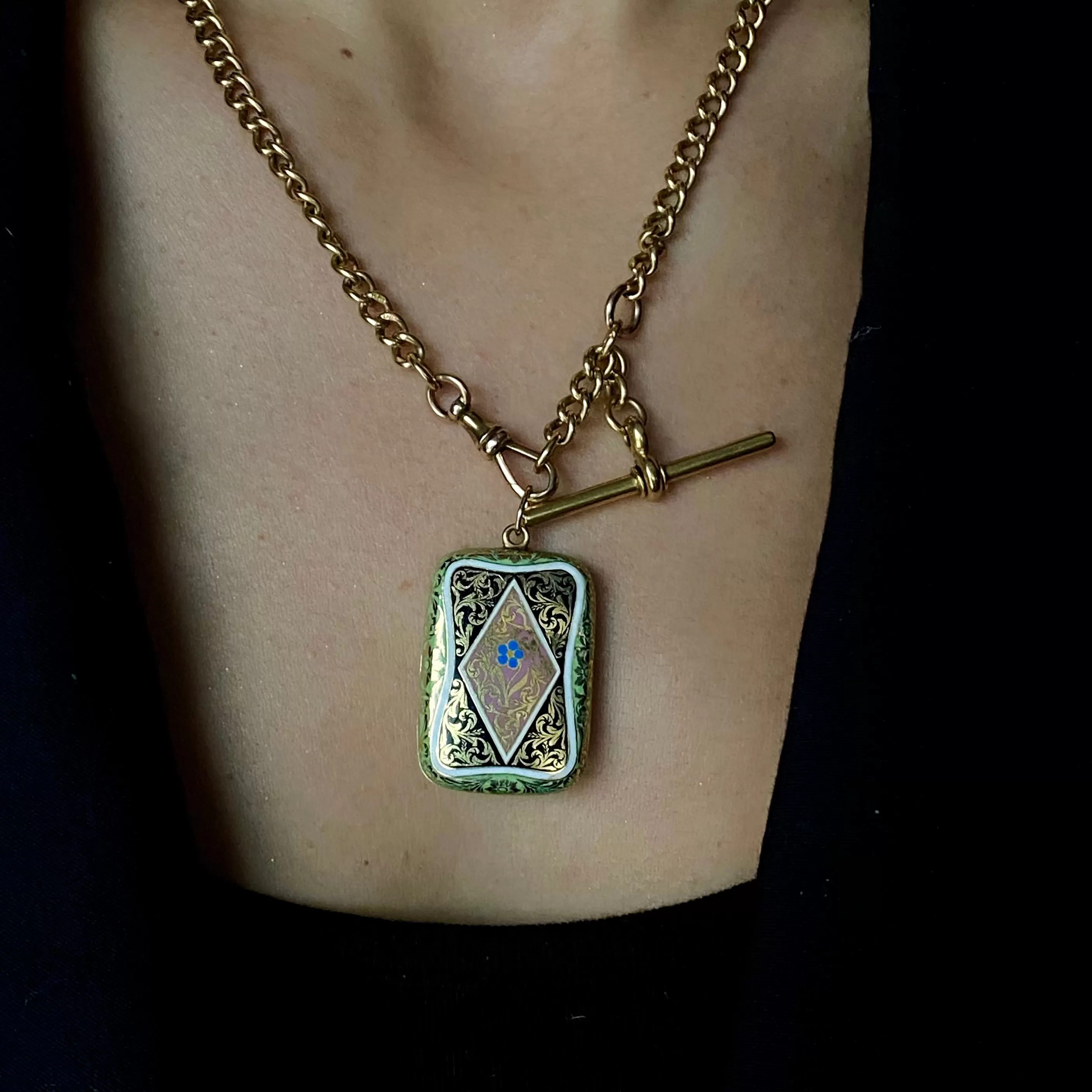 Antique 18k with Forget Me Not Enamel Vinaigrette Pendant