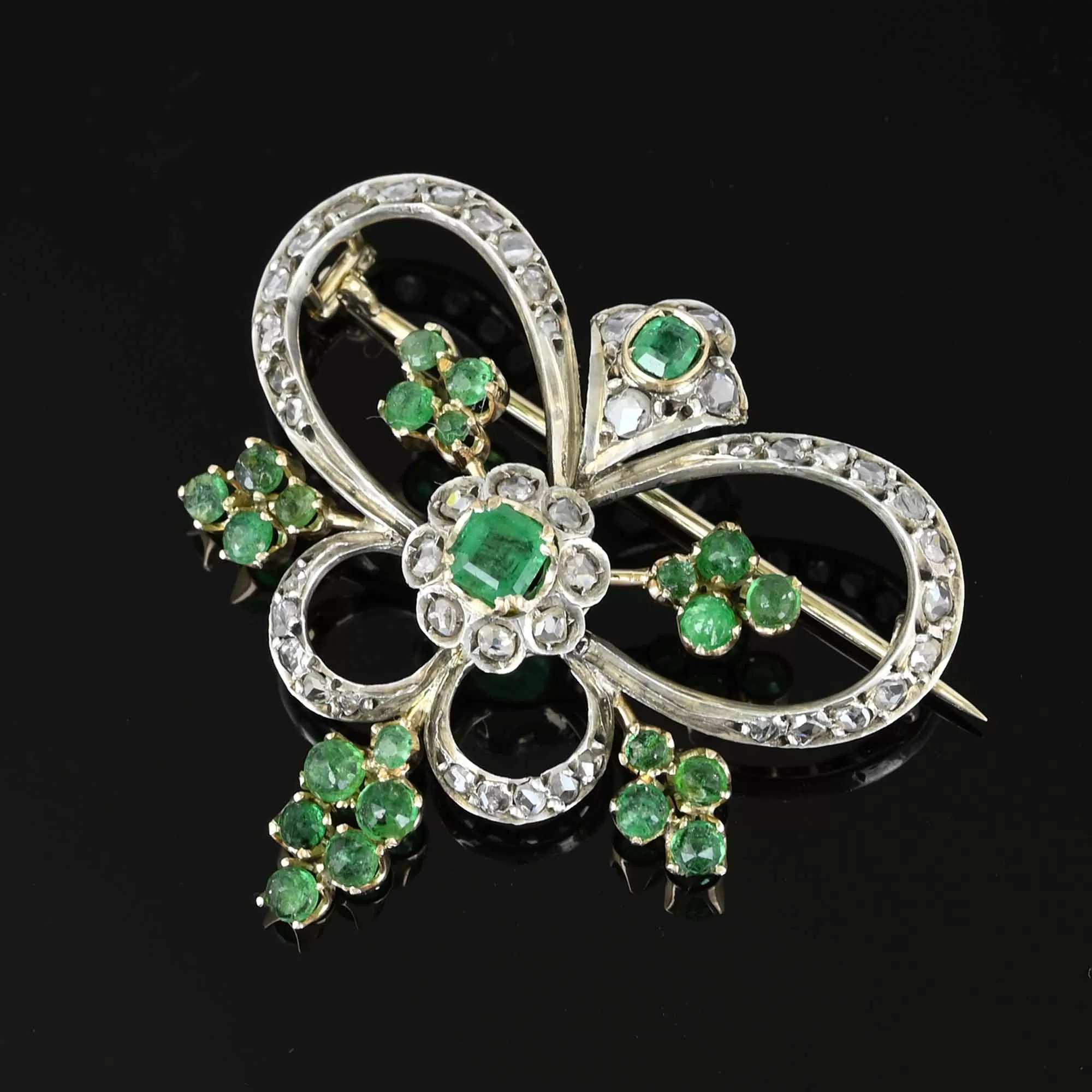 Antique Rose Cut Diamond Emerald Butterfly Brooch