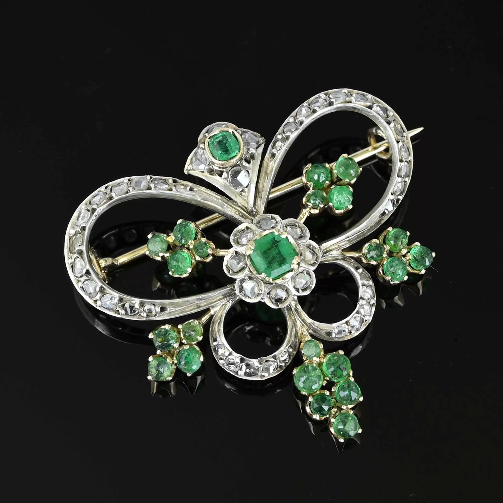 Antique Rose Cut Diamond Emerald Butterfly Brooch