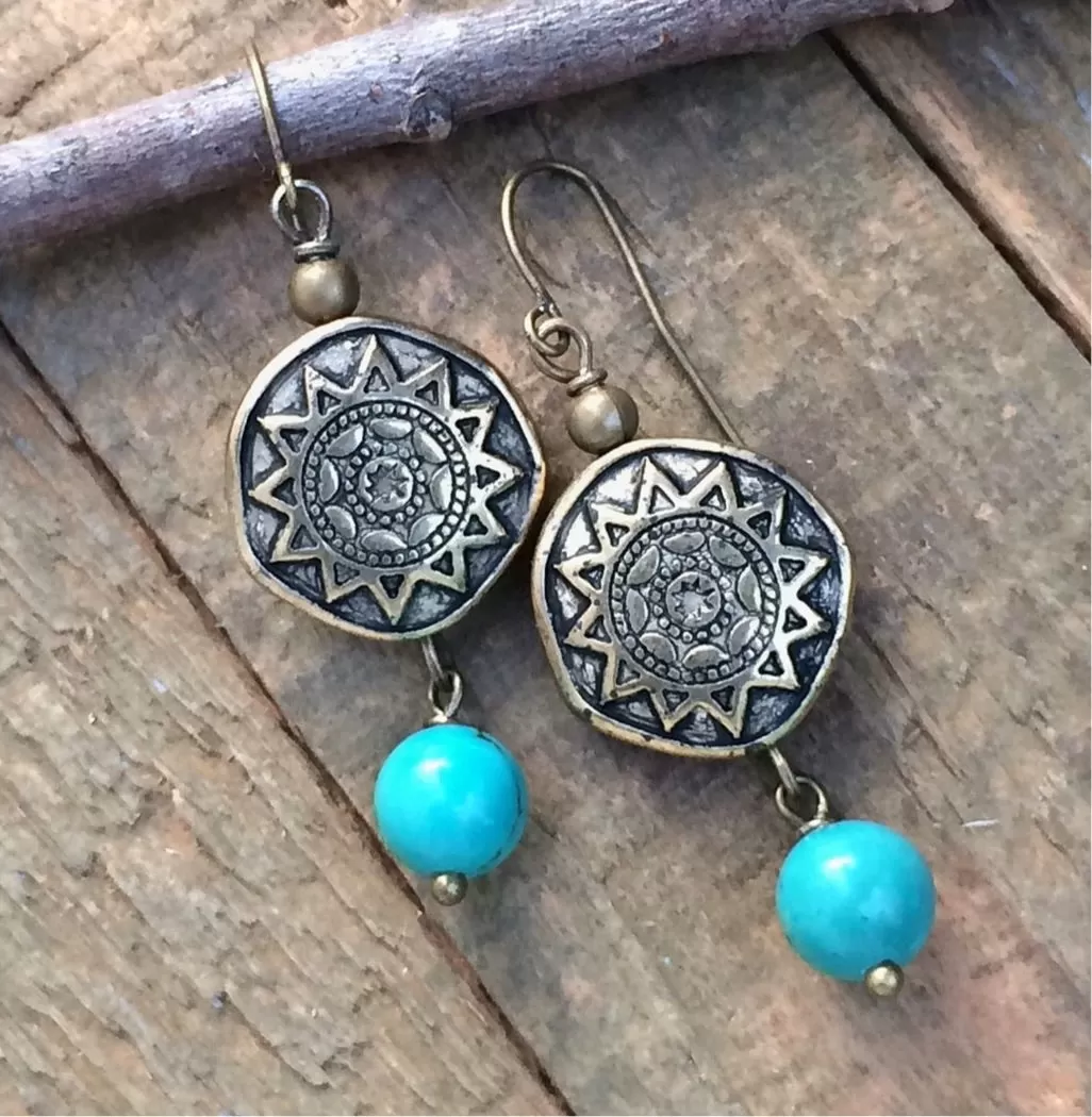 Antiqued Brass and Turquoise Sunburst Coin Dangle Earrings