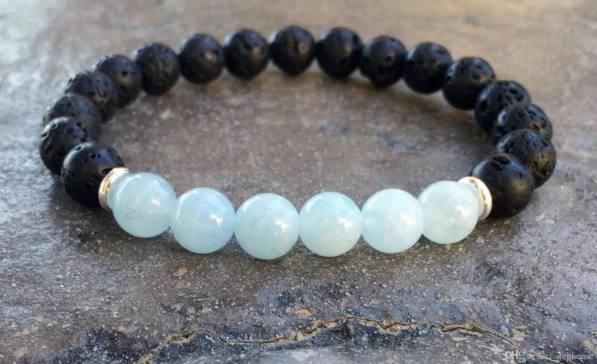 Aquamarine & lava stone stretch bracelet