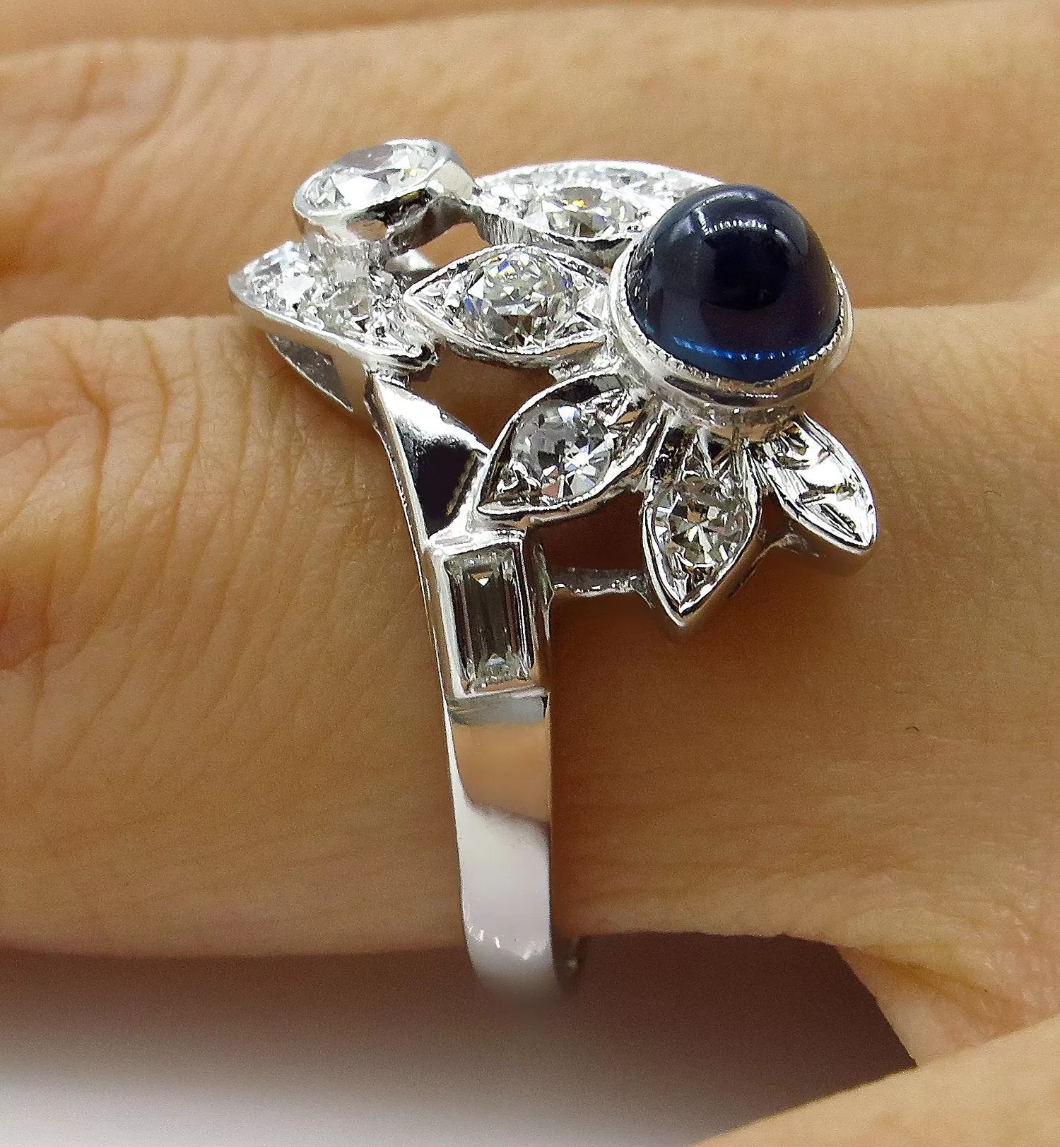 Art Deco 2.50ct OLD European Diamond & Sugarloaf Sapphire 14k White Gold Ring