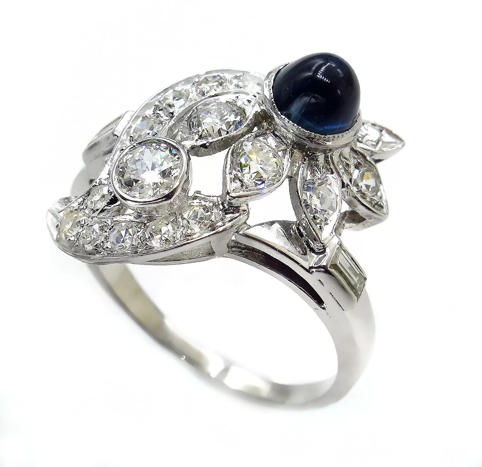 Art Deco 2.50ct OLD European Diamond & Sugarloaf Sapphire 14k White Gold Ring