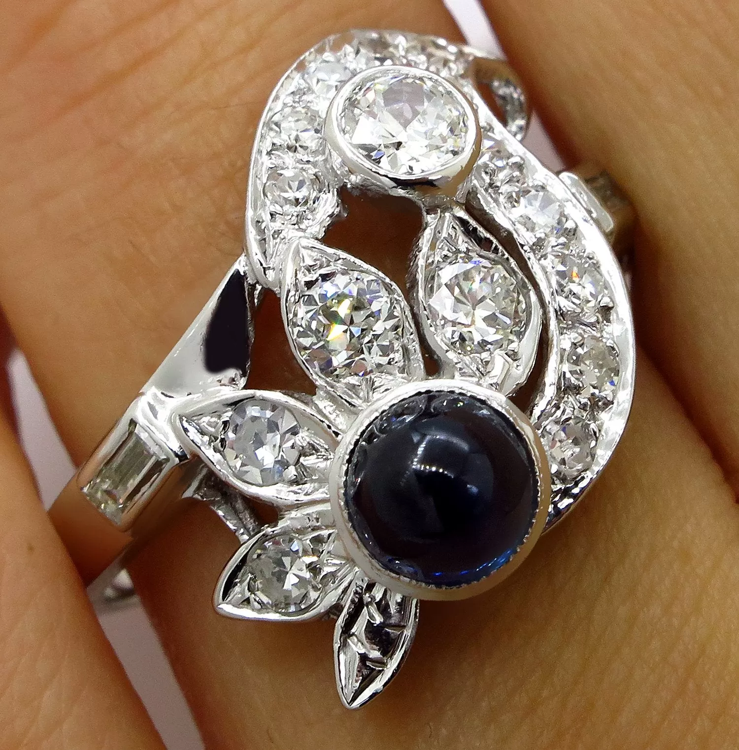 Art Deco 2.50ct OLD European Diamond & Sugarloaf Sapphire 14k White Gold Ring