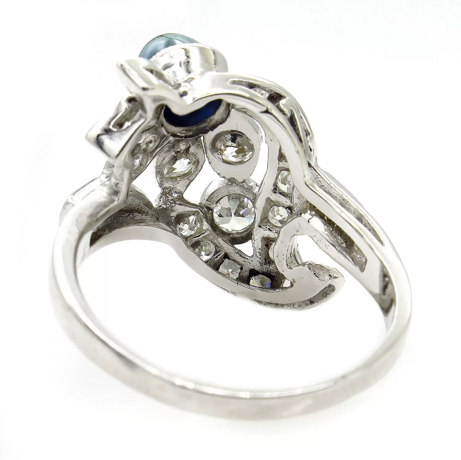 Art Deco 2.50ct OLD European Diamond & Sugarloaf Sapphire 14k White Gold Ring