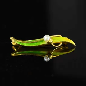 Art Nouveau 14K Gold Krementz Enamel & Pearl Brooch