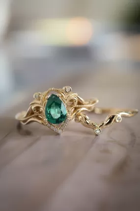 Art nouveau bridal ring set with lab emerald / Lida small