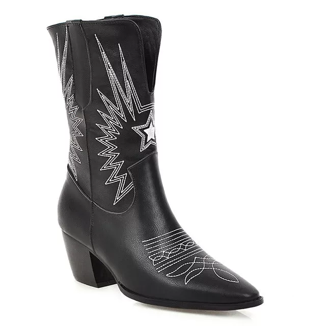 Ashoreshop Western Cowgirl Floral Boots For Women 2023 Pointed Toe Mid Calf Embroidery Boots