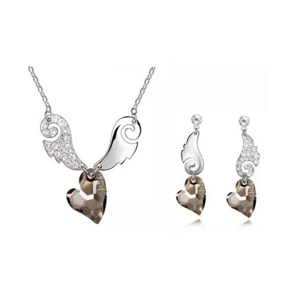 Austrian Crystal Heart and Rhinestone Angel Wings Necklace & Earrings Fashion Jewelry Set