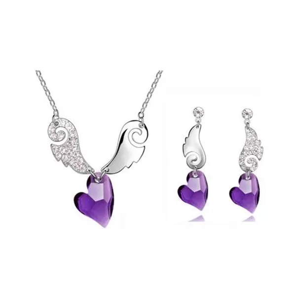 Austrian Crystal Heart and Rhinestone Angel Wings Necklace & Earrings Fashion Jewelry Set