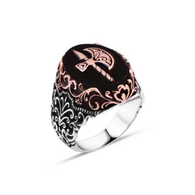 Axe on Black Ellipse Onyx Stone Silver Men's Ring with Wavy Pattern Around