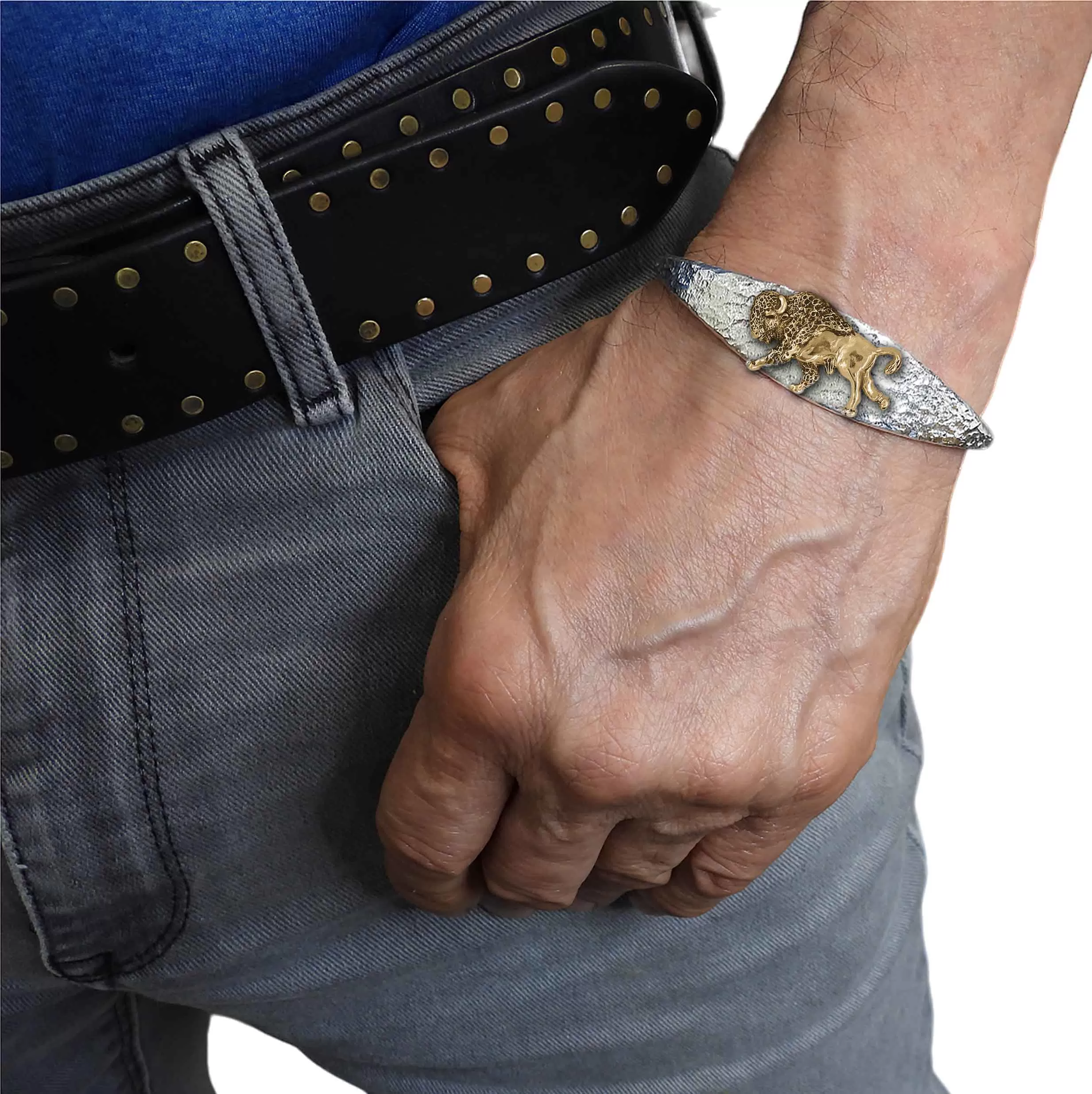 Bison Mans Cuff Sterling Silver And Yellow Bronze Handmade Buffalo And Bison Jewelry  UBS1-TTMCB