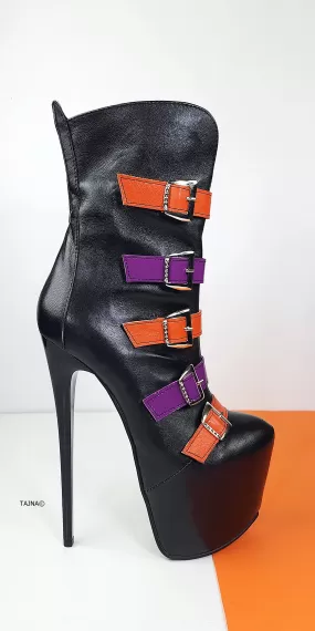 Black Genuine Leather Multi Colour Belted  Boots