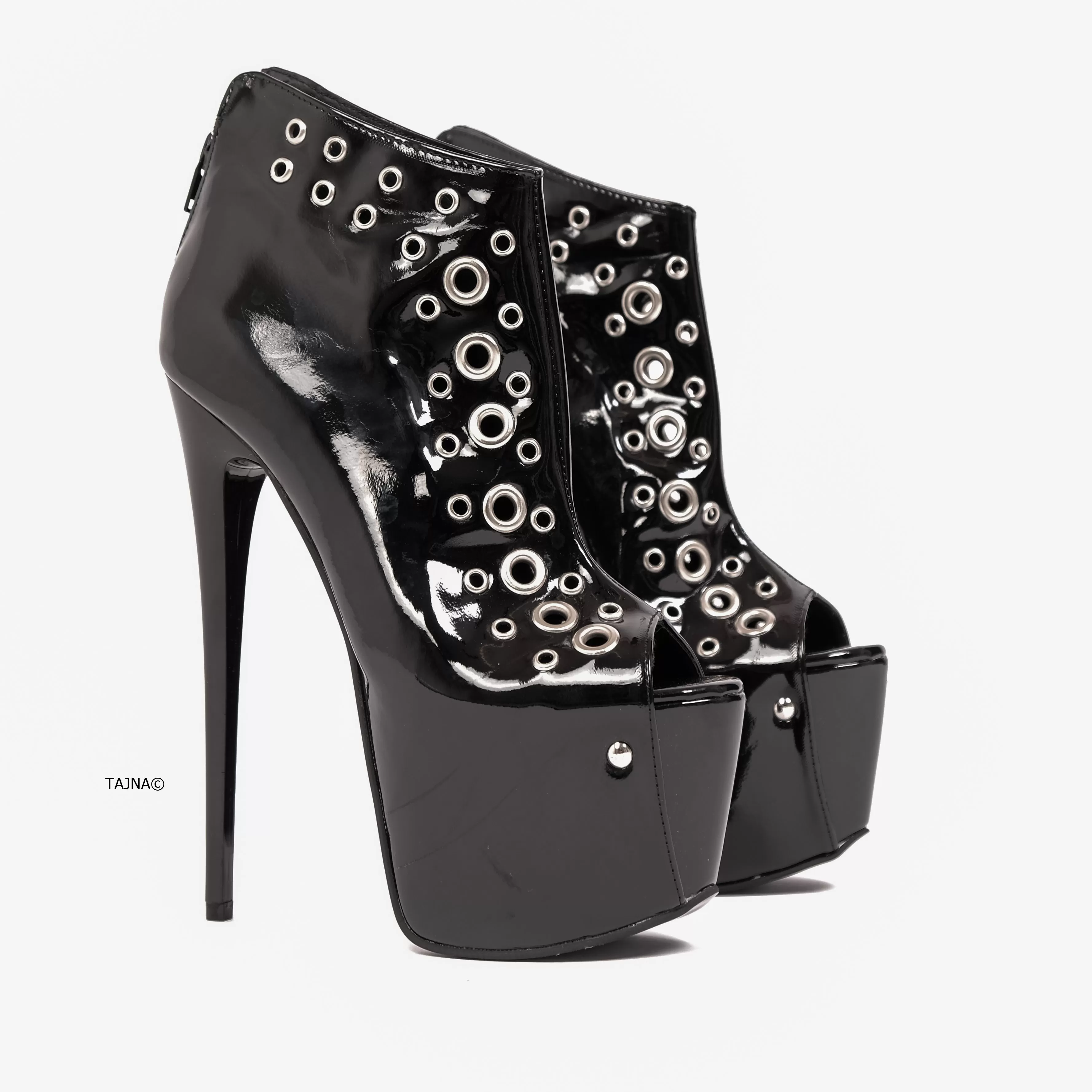 Black Gloss Ankle Cut Pinned Rocker Heels