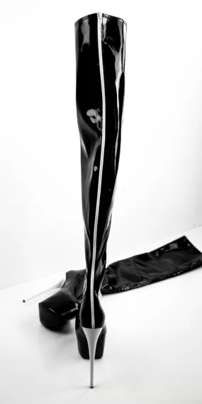 Black Gloss White Back Zipper High Heel Thigh High Boots