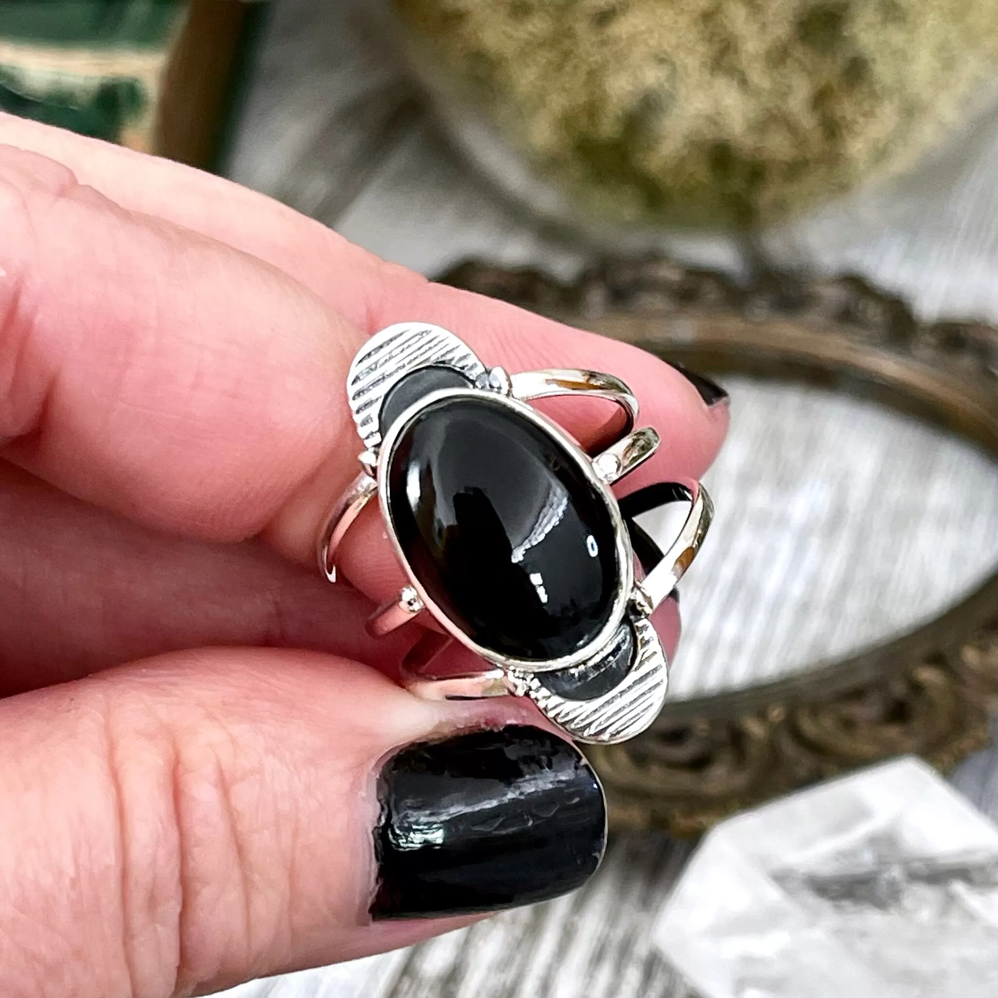 Black Onyx Double Moon Crystal Ring in Solid Sterling Silver- Designed by FOXLARK Collection Size 6 7 8 9 10 11 / Gothic Jewelry