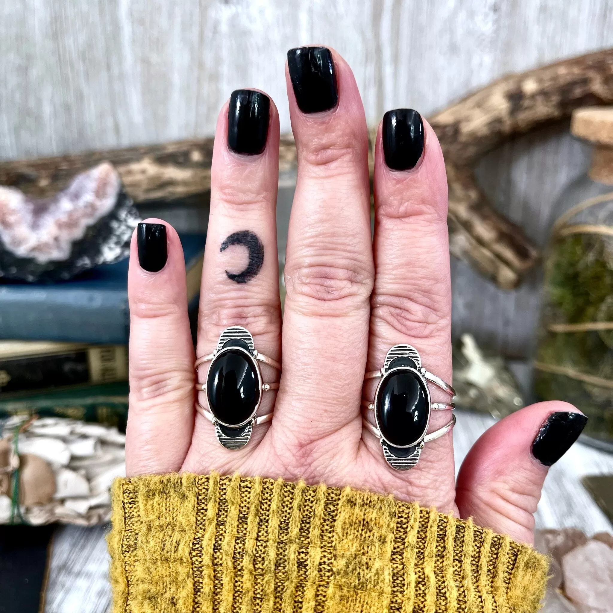 Black Onyx Double Moon Crystal Ring in Solid Sterling Silver- Designed by FOXLARK Collection Size 6 7 8 9 10 11 / Gothic Jewelry