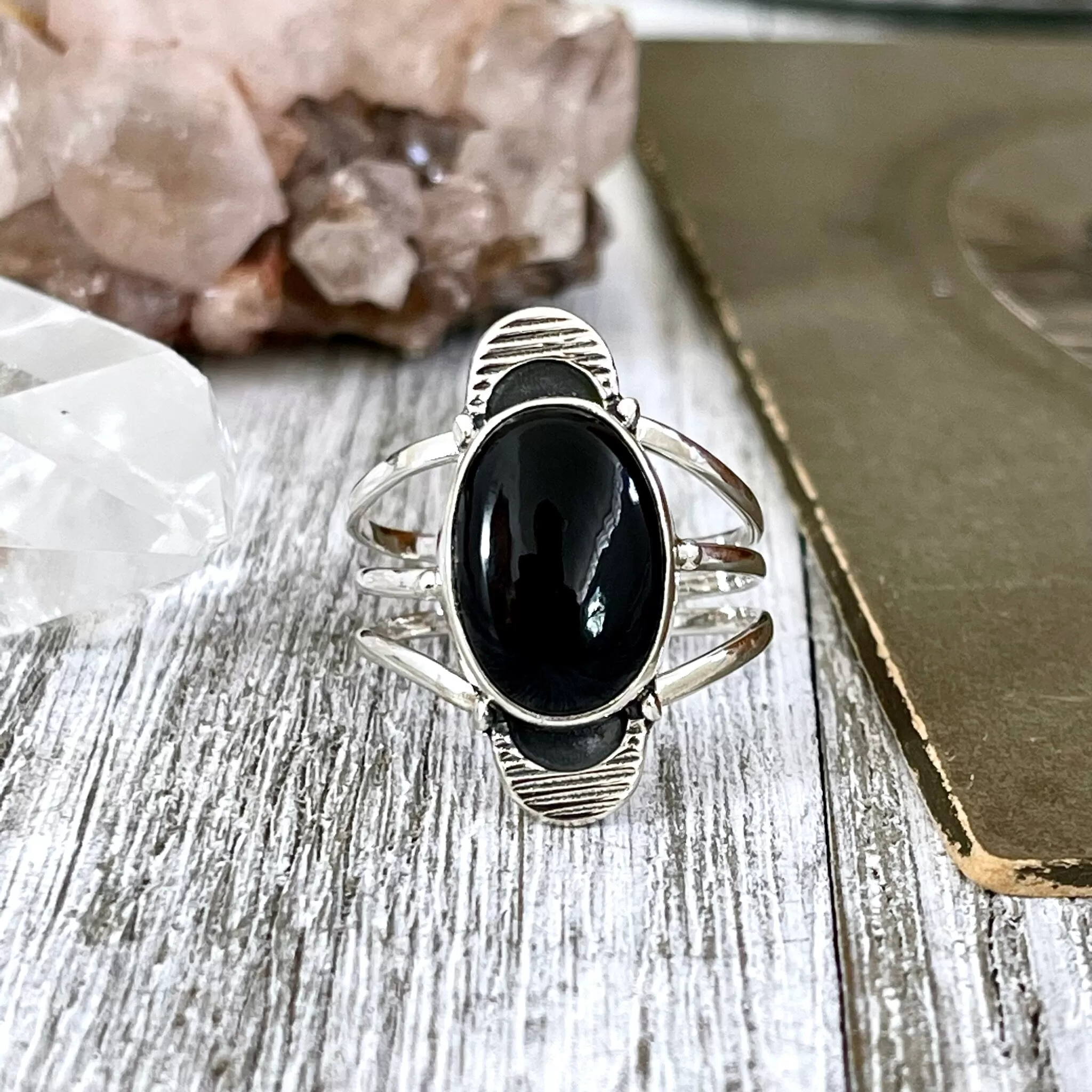 Black Onyx Double Moon Crystal Ring in Solid Sterling Silver- Designed by FOXLARK Collection Size 6 7 8 9 10 11 / Gothic Jewelry