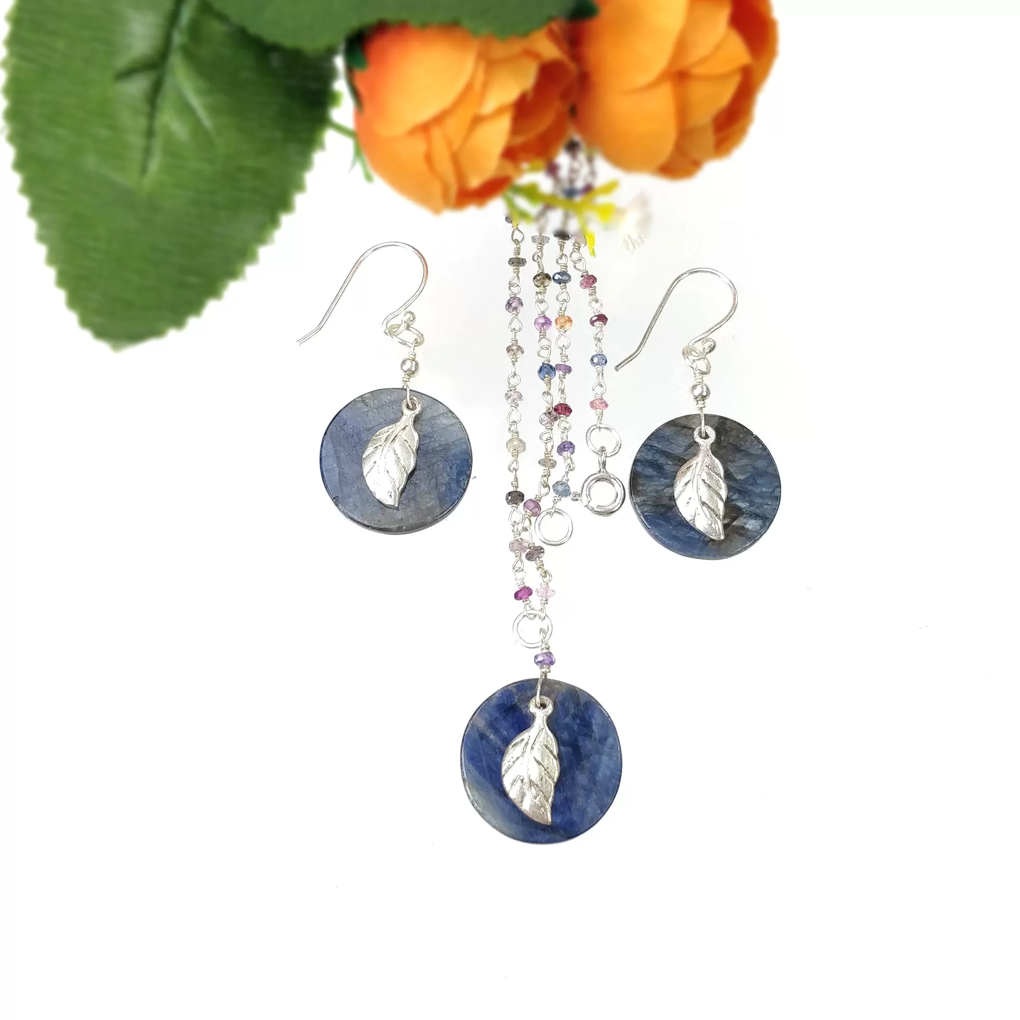 BLUE SAPPHIRE Gemstone Jewelry Set : 925 Sterling Silver Natural Untreated Sapphire 17" Beads Necklace Drop Dangle Earring Jewelry Set