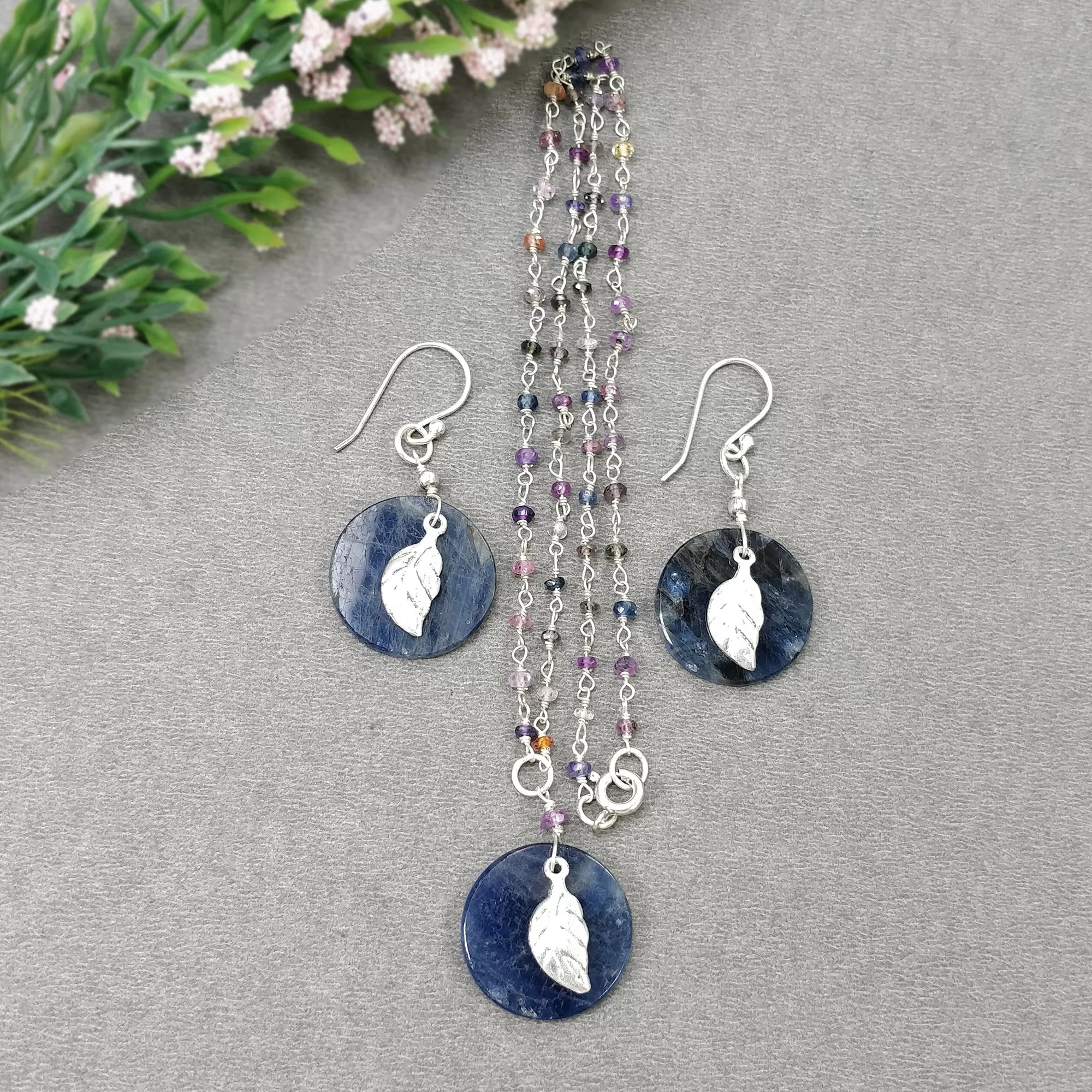 BLUE SAPPHIRE Gemstone Jewelry Set : 925 Sterling Silver Natural Untreated Sapphire 17" Beads Necklace Drop Dangle Earring Jewelry Set