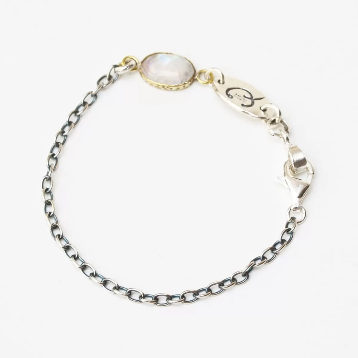 Bracelet oval cabochon moonstone in brass bezel setting and oxidized sterling silver chain