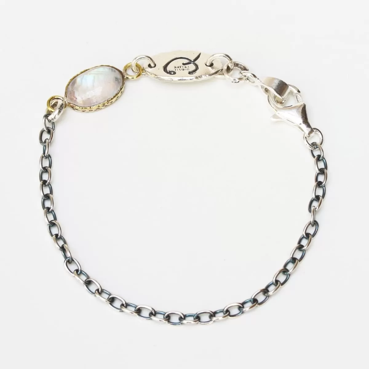 Bracelet oval cabochon moonstone in brass bezel setting and oxidized sterling silver chain