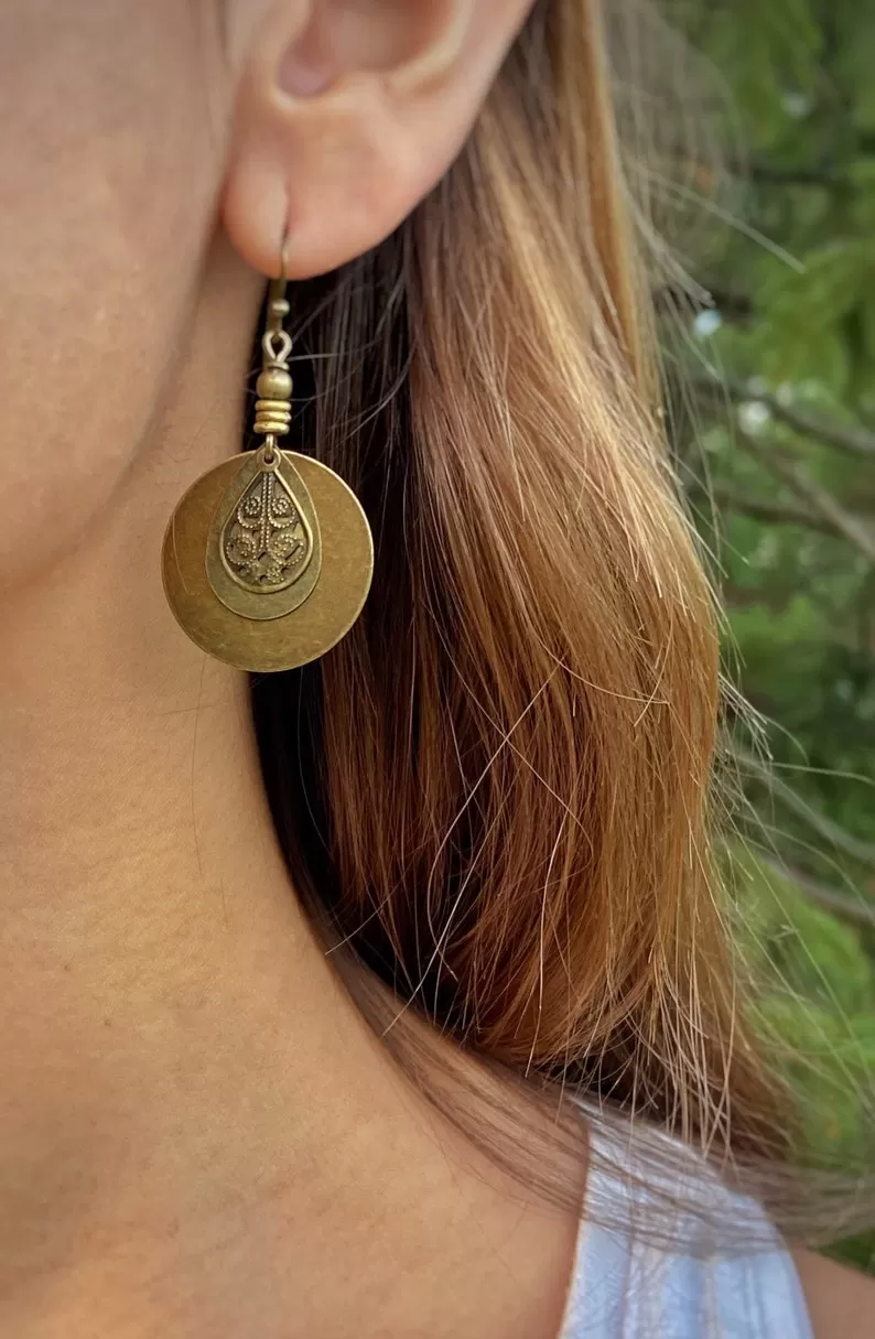 Brass Bohemian Earrings with Filigree Teardrop