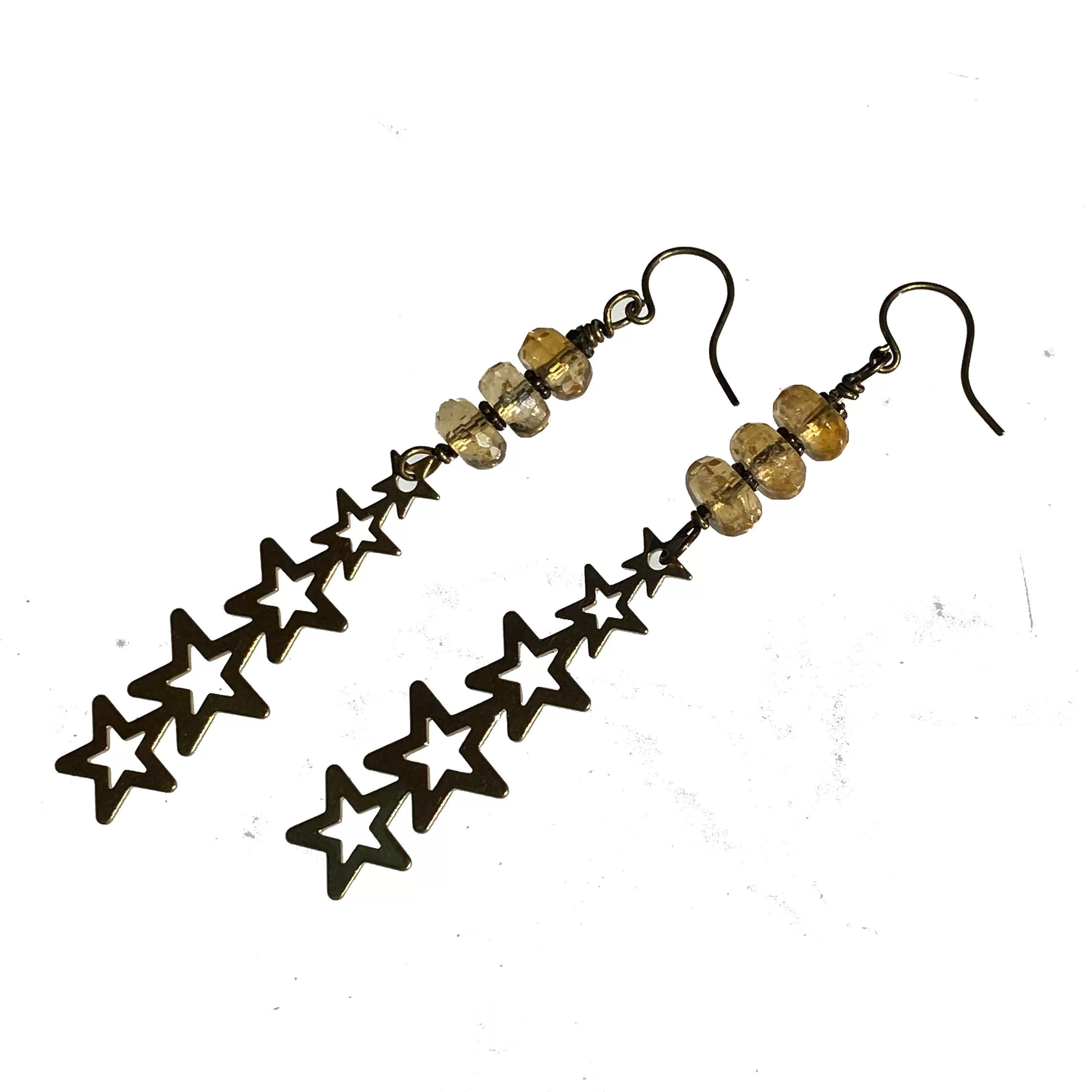 Brass Stars and Genuine Citrine gemstone earrings