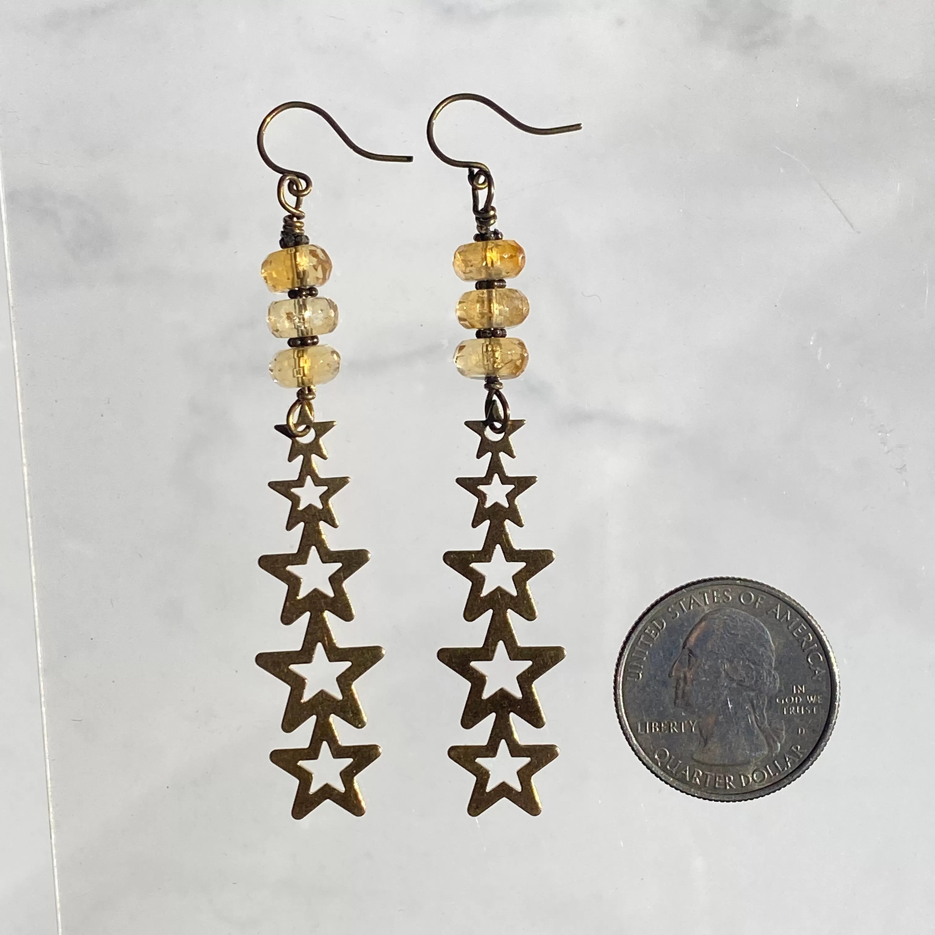 Brass Stars and Genuine Citrine gemstone earrings