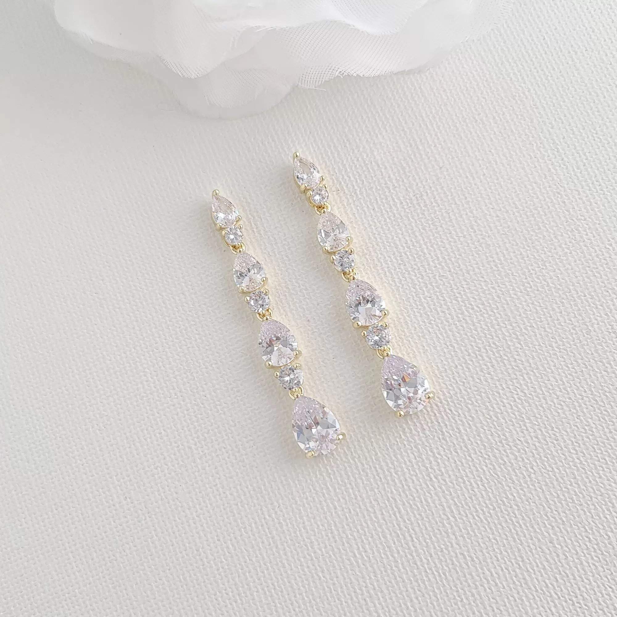 Bridal Drop Earrings in Rose Gold with Small CZ Teardrops-Hazel