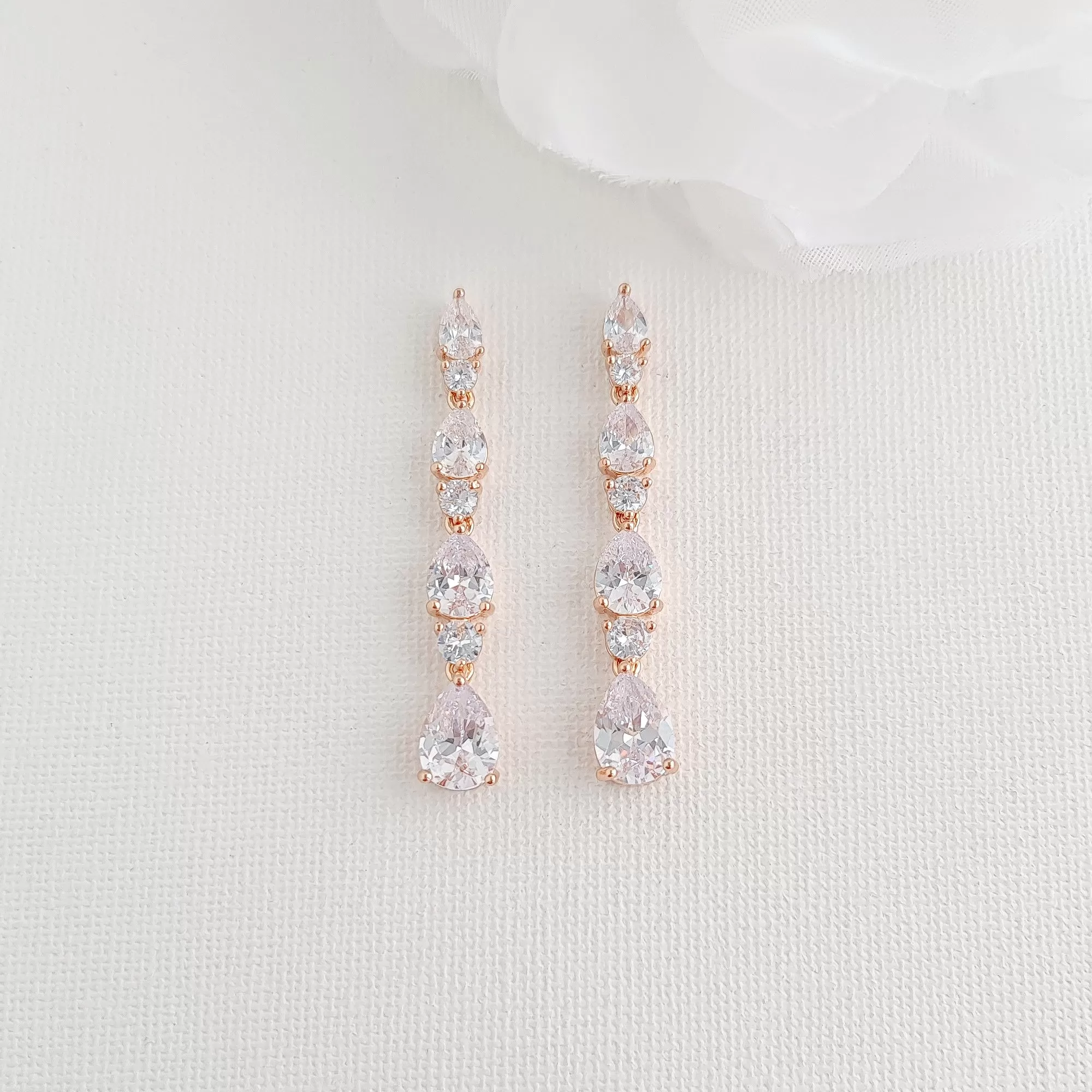 Bridal Drop Earrings in Rose Gold with Small CZ Teardrops-Hazel