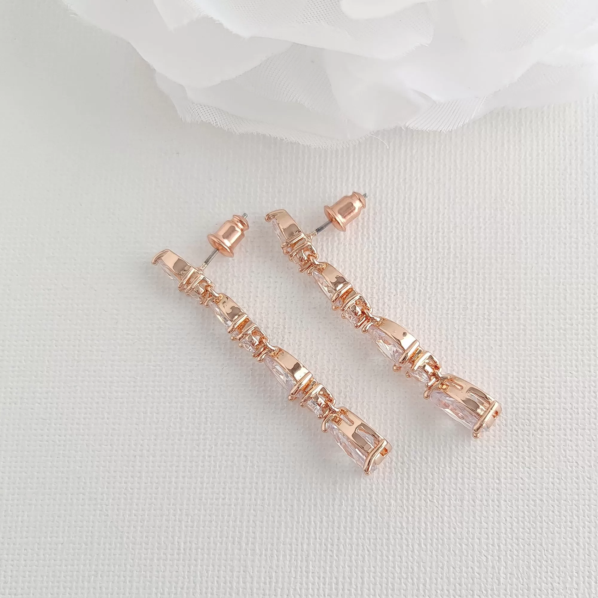 Bridal Drop Earrings in Rose Gold with Small CZ Teardrops-Hazel