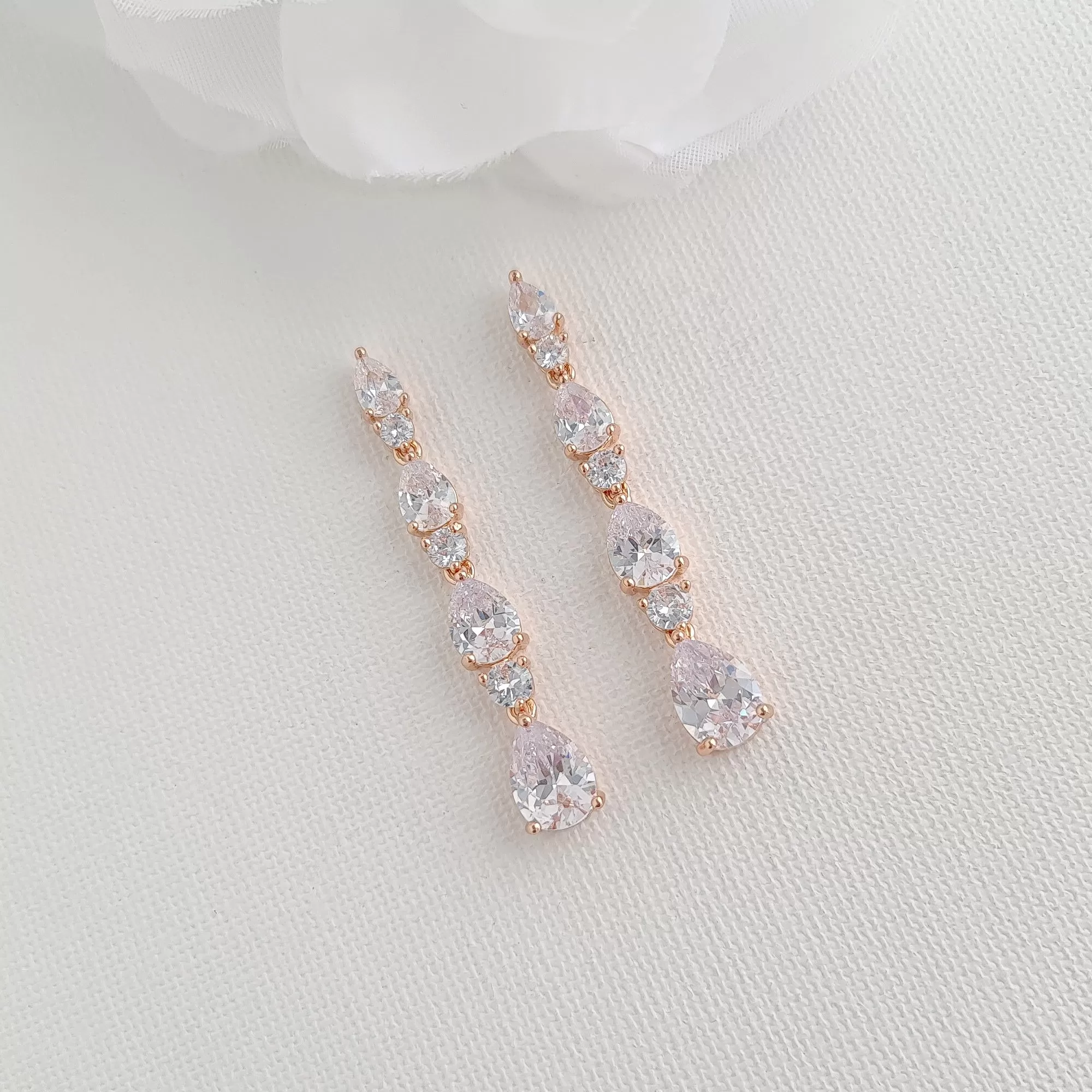 Bridal Drop Earrings in Rose Gold with Small CZ Teardrops-Hazel