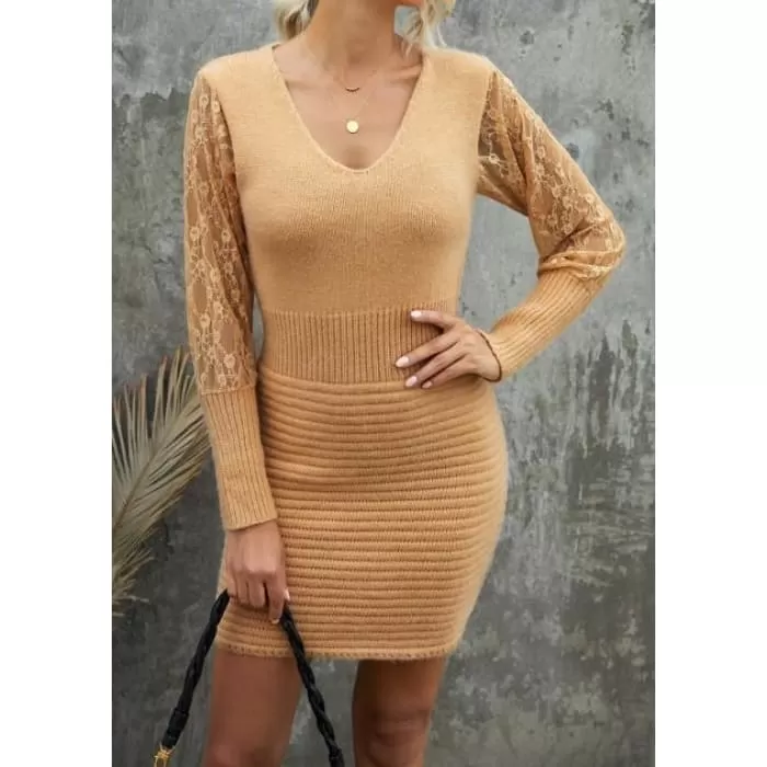 Camel Lace Sleeve Sweater Dress