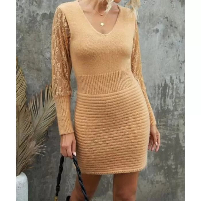 Camel Lace Sleeve Sweater Dress