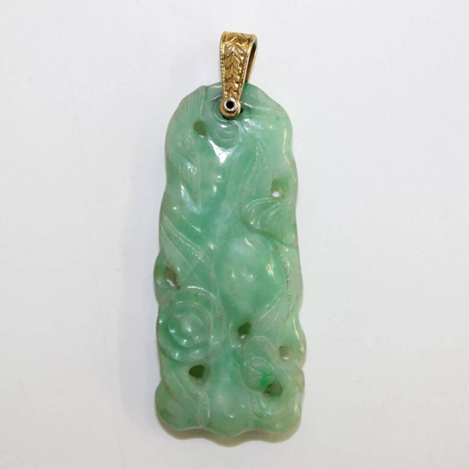 Carved Jade Oblong Pendent with 14K Gold Loop