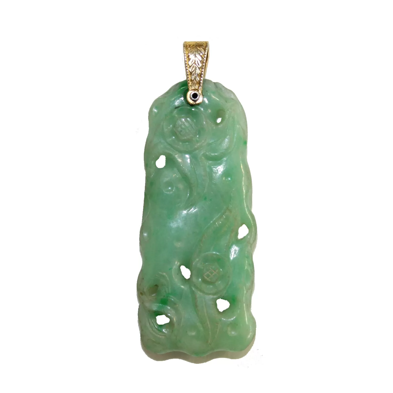 Carved Jade Oblong Pendent with 14K Gold Loop