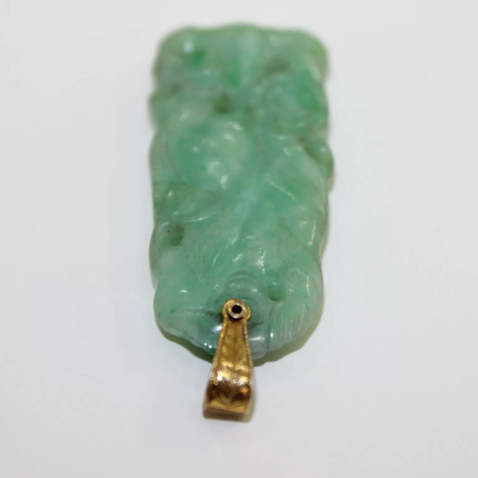 Carved Jade Oblong Pendent with 14K Gold Loop