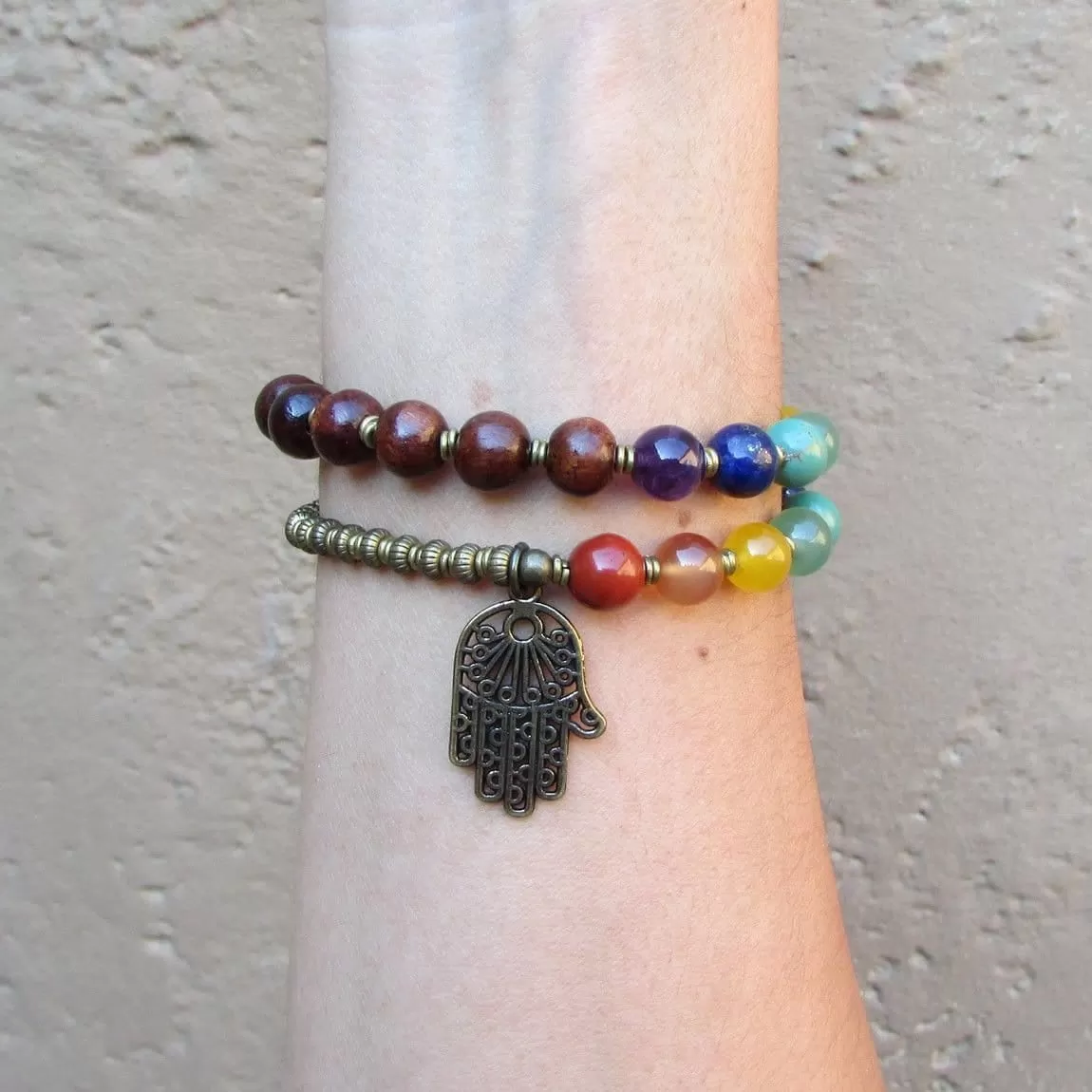 Chakra Bracelet, Genuine Gemstones and Wood 27 Bead Mala Wrap Chakra Bracelet