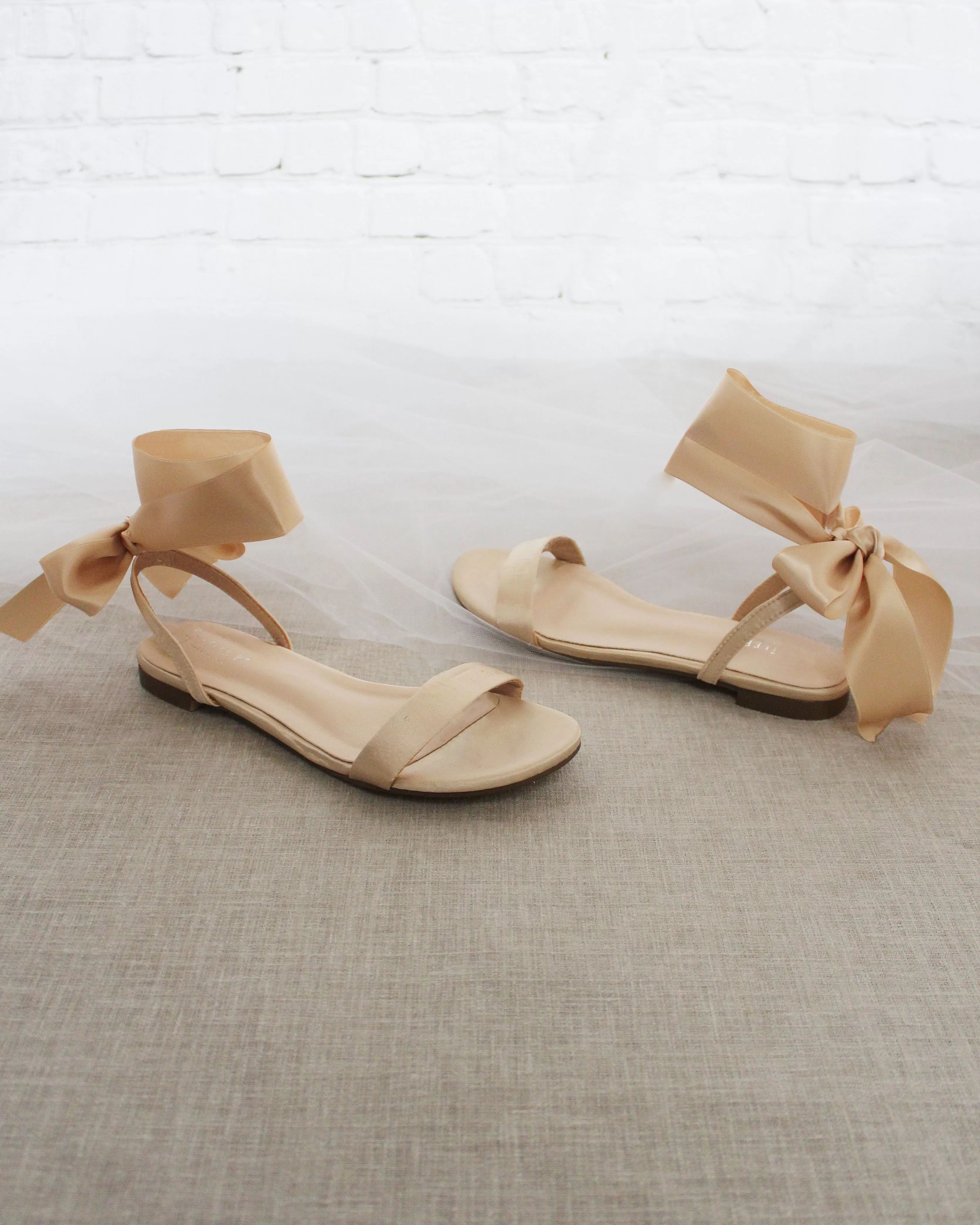 Champagne Satin Flat Sandal with Wrapped Satin Tie