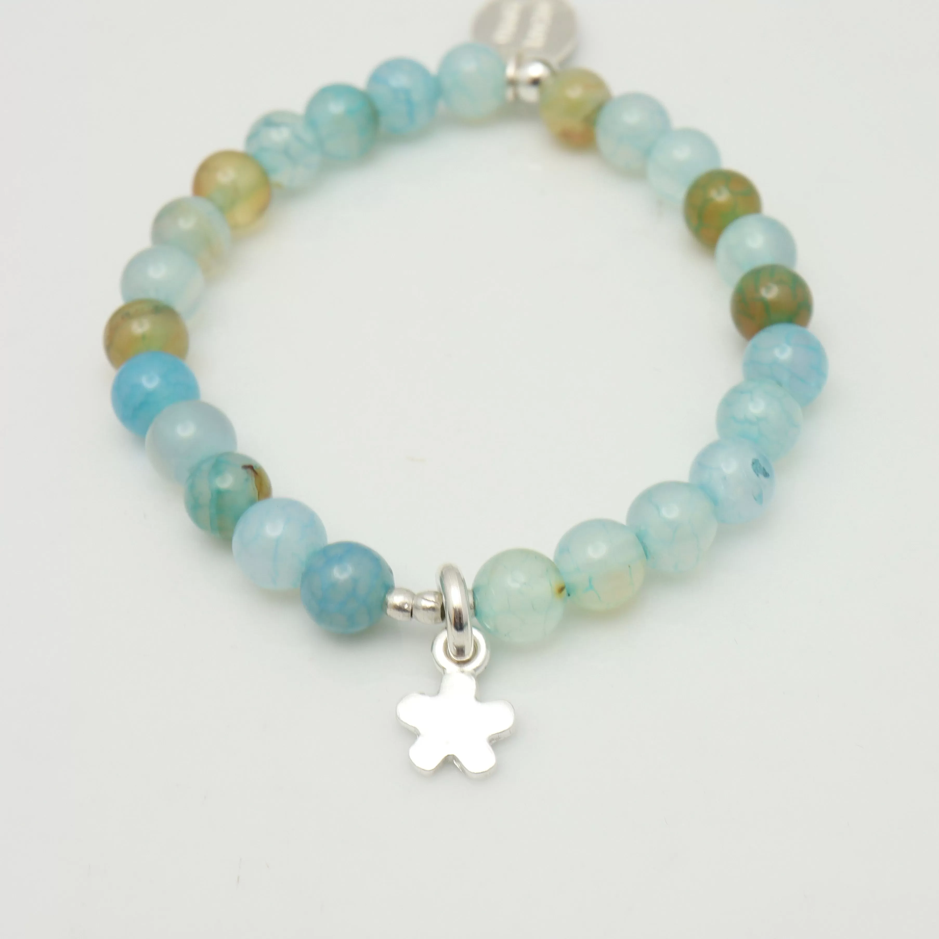 CHILD Bracelets: Ocean Blue Agate & Fine Silver Daisy Stretch Bracelet