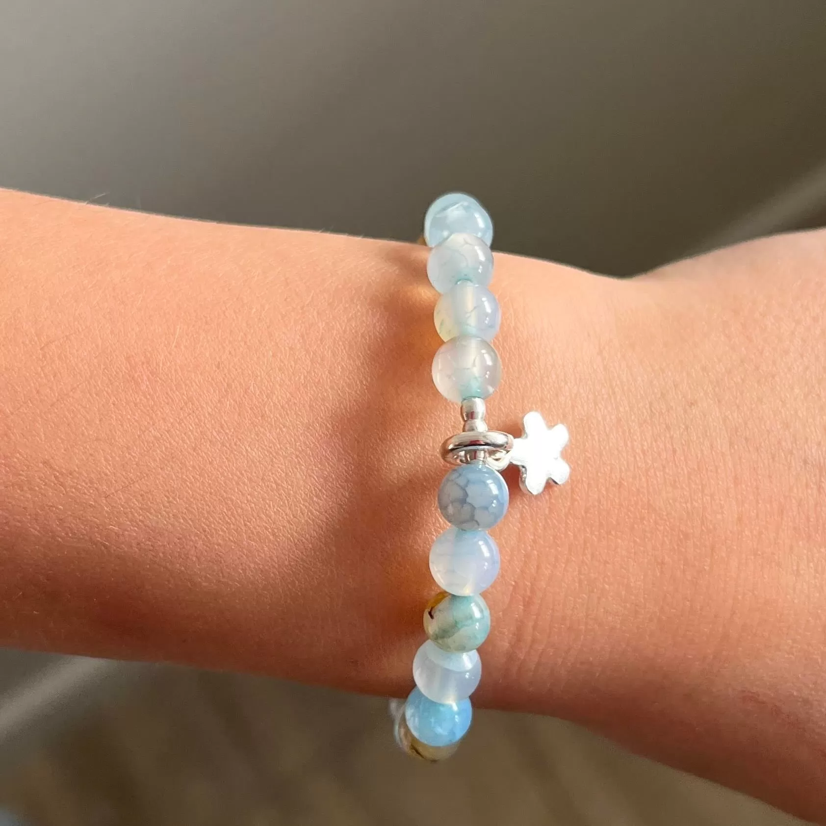 CHILD Bracelets: Ocean Blue Agate & Fine Silver Daisy Stretch Bracelet