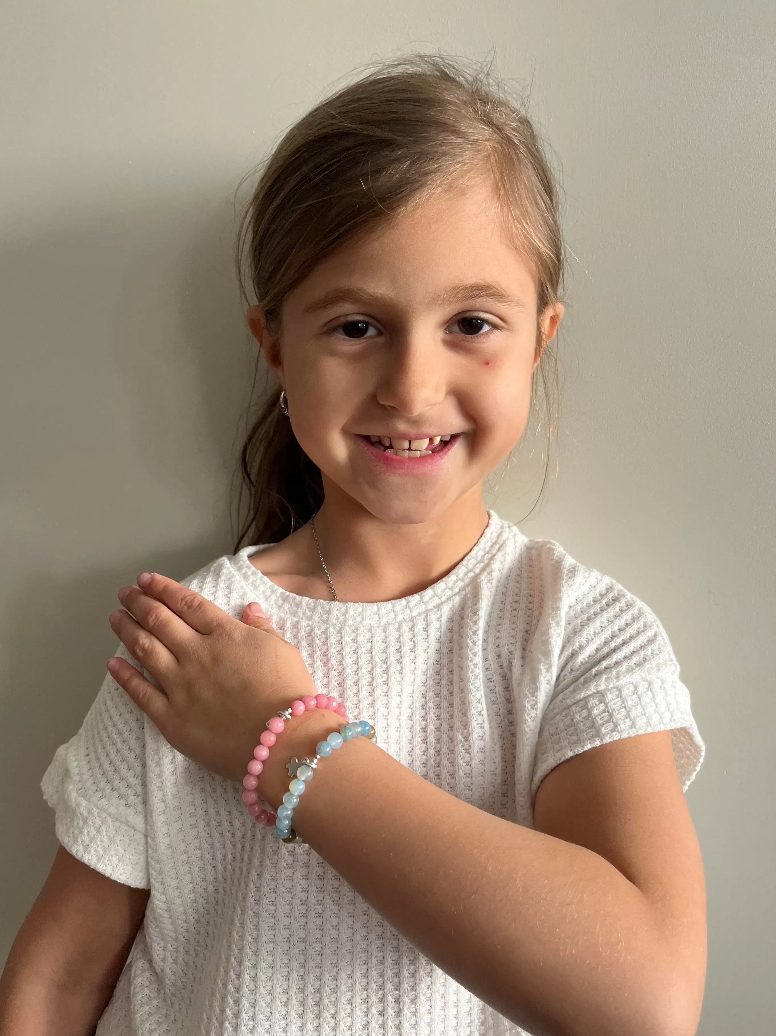 CHILD Bracelets: Ocean Blue Agate & Fine Silver Daisy Stretch Bracelet