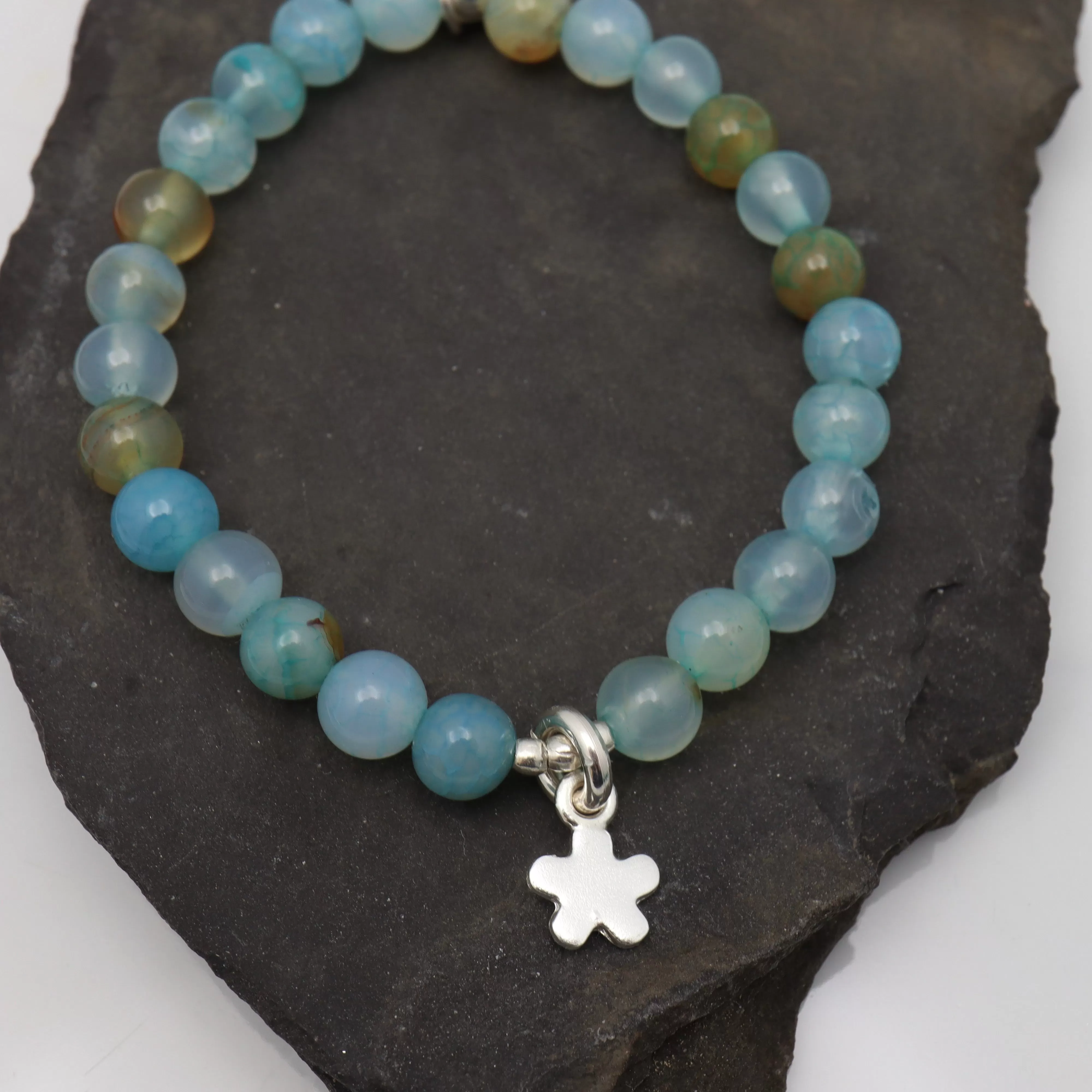 CHILD Bracelets: Ocean Blue Agate & Fine Silver Daisy Stretch Bracelet