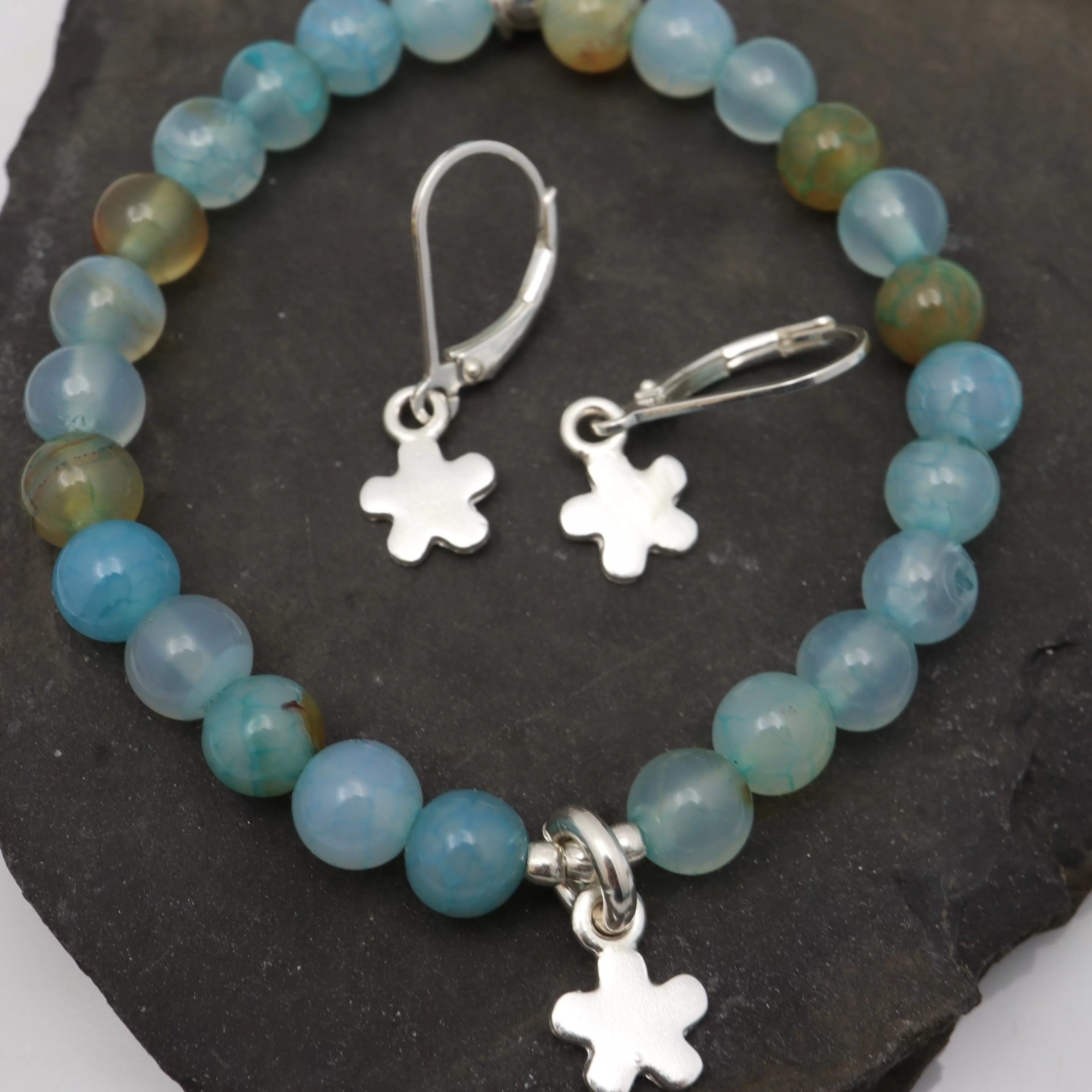 CHILD Bracelets: Ocean Blue Agate & Fine Silver Daisy Stretch Bracelet