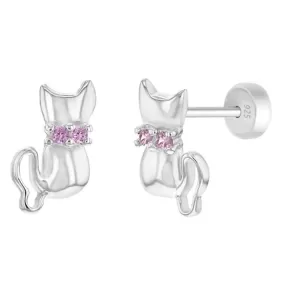 Children's Sterling Silver Pink CZ Cat Stud Earrings