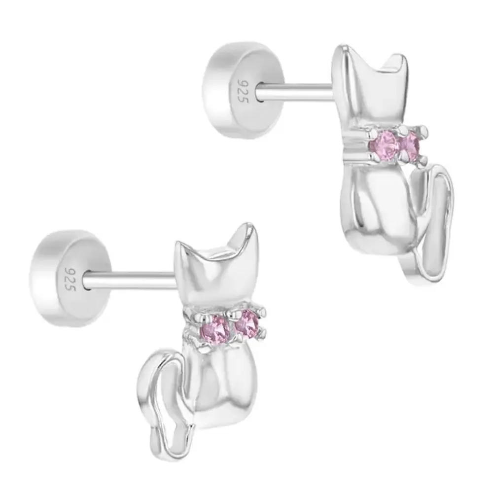 Children's Sterling Silver Pink CZ Cat Stud Earrings